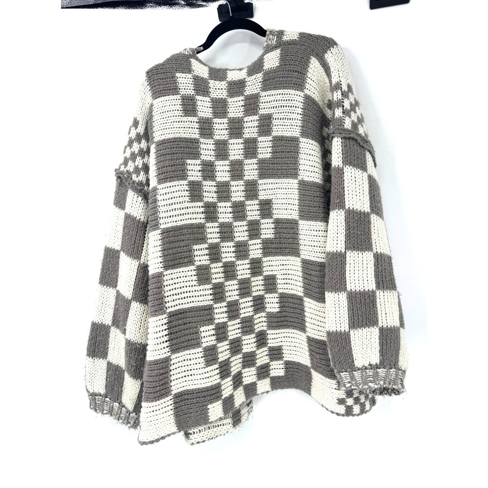 Shop Stevie Womens XL Checkerboard Knit Cardigan Grey Cream Oversized Sweater - Picture 6 of 6